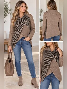 A.IDA Wool Blend Shawl Wrap Cardigan‎ Sweater Italy Brown Black Size S